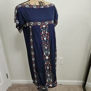 Sophie Max Size Medium Navy Blue Floral Borders Short Sleeve Boatneck Dress NWT